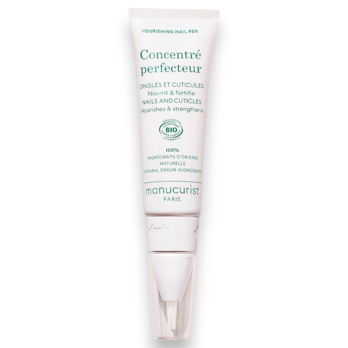 A white tube of MANUCURIST INC - MANUCURIST NOURISHING NAIL PEN with green text, featuring a clear applicator tip at the bottom for expert nail and cuticle care.