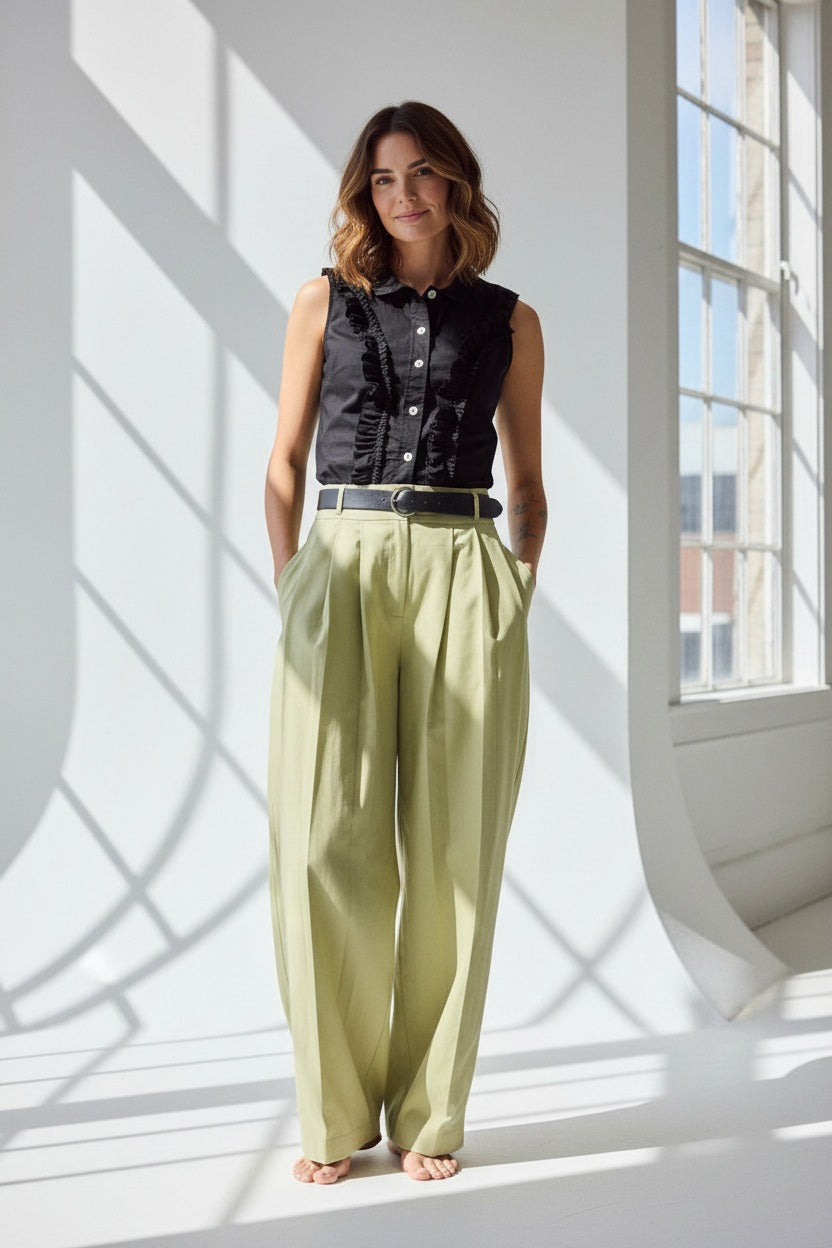 A person stands against a white wall in sunlight, wearing the HOPE FOR FLOWERS Peter Pan Sleeveless Top in black by HOPE FOR FLOWERS, paired with high-waisted beige wide-leg pants and a black belt, hands in their pockets and a neutral expression.