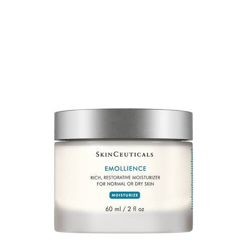 A white 60ml jar of SKINCEUTICALS - EMOLLIENCE, a rich facial moisturizer from Skin Ceuticals, is shown against a white background. The label reads, "Rich, Restorative Moisturizer for Normal or Dry Skin," with "MOISTURIZE" highlighted in blue. The design is clean and minimalistic with a silver lid.