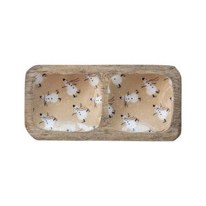 The CREATIVE COOP ENAMELED MANGO WOOD TRAY WITH TWO SECTIONS features playful white sheep on a light beige background, making it perfect for holiday entertaining.