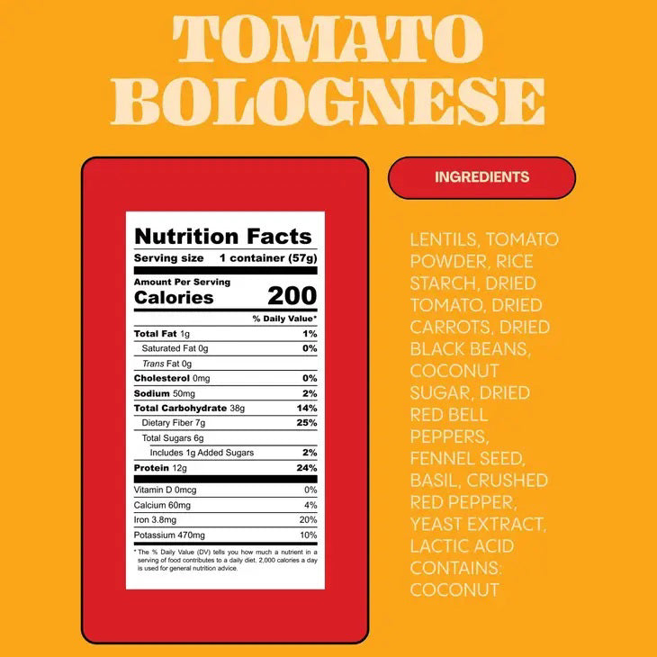 A container of LENTIFUL - LOW SODIUM TOMATO BOLOGNESE INSTANT LENTILS by LENTIFUL is surrounded by fresh carrots, spinach, tomatoes, bell pepper, beans, peas, herbs, and red pepper flakes for a heart-healthy meal.