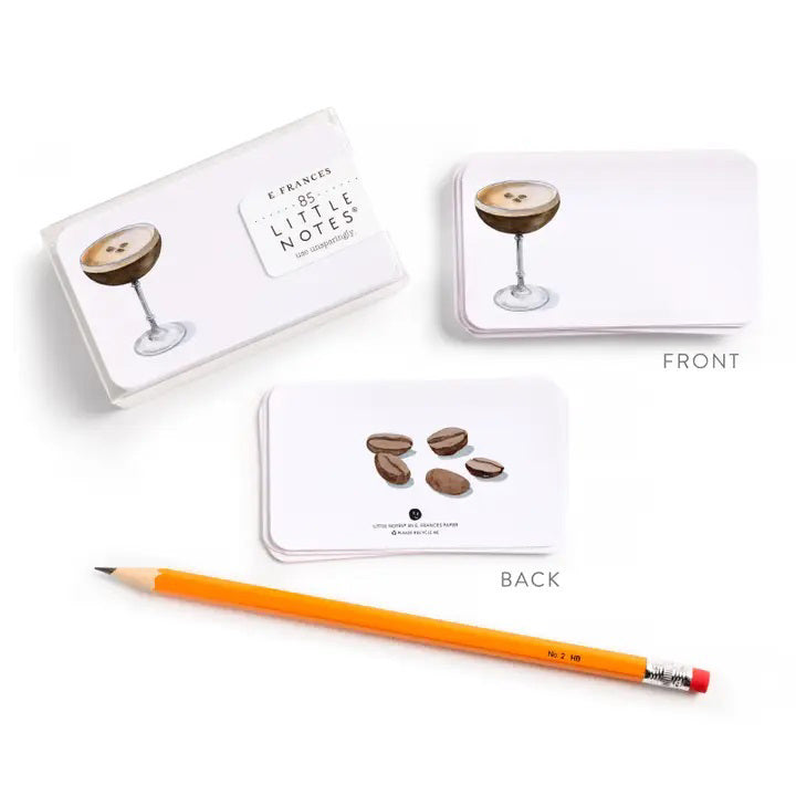E. FRANCES PAPER’s Little Notes Espresso Martini features 85 chic cocktail note cards in a clear box—perfect for cocktail lovers and stylish stationery fans. Use for lunchbox notes, surprise hellos, gift toppers, or place cards.