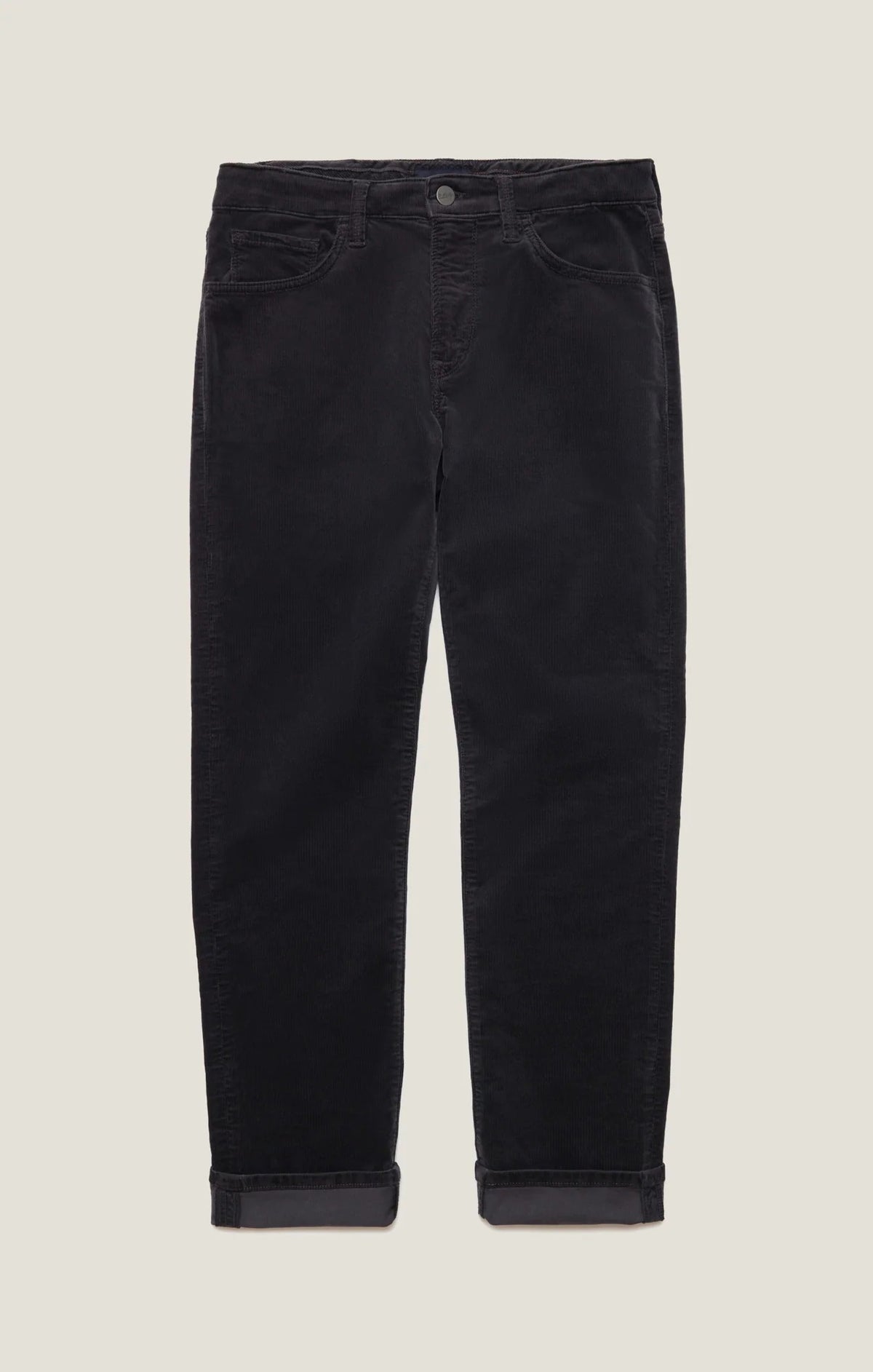 34 HERITAGE - CHARISMA RELAXED STRAIGHT LEG CORDUROY PANTS IN CHARCOAL worn with a red long-sleeve shirt and black leather boots.