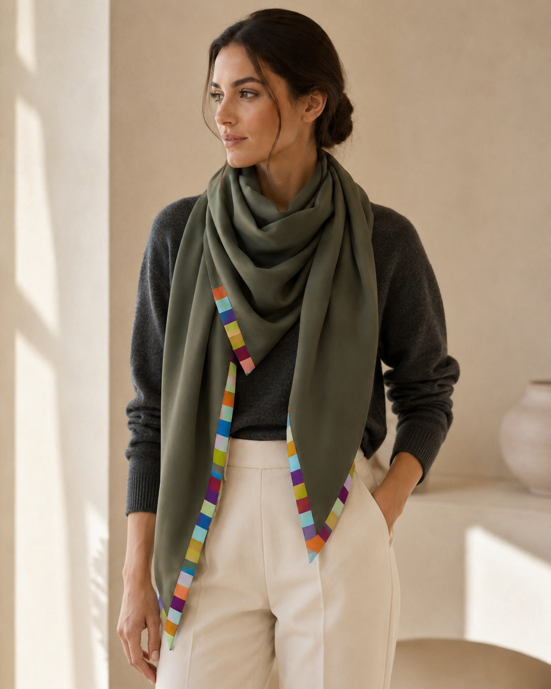 A woman stands indoors in soft natural light, wearing the FRANCO FERRARI Cashmere Scarf 135x135 in green—its colorful square trim elegantly draped over a dark gray sweater and light beige pants.