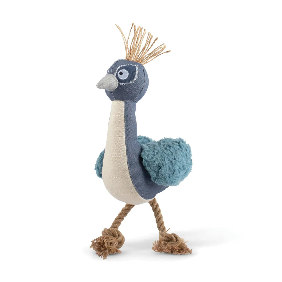 The FEATHER THAN EVER DOG TOY from PET SHOP BY FRINGE STUDIO is a plush toy of a blue bird with a beige belly and rope legs. Made from non-toxic materials, it has straw-like tufts on its head and textured wings. This eco-friendly toy is perfect for interactive dog play.