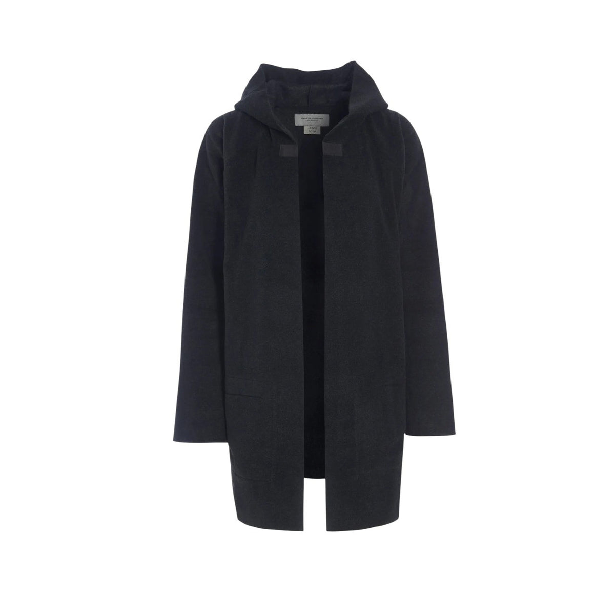 The HENRIETTA STEFFENSEN - FLEECE HOODED CARDIGAN by HENRIETTE STEFFENSED is a black, knee-length, open-front coat with long sleeves and no visible buttons or zippers, crafted from recycled polyester and shown on a plain white background.