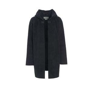 The HENRIETTA STEFFENSEN - FLEECE HOODED CARDIGAN by HENRIETTE STEFFENSED is a black, knee-length, open-front coat with long sleeves and no visible buttons or zippers, crafted from recycled polyester and shown on a plain white background.