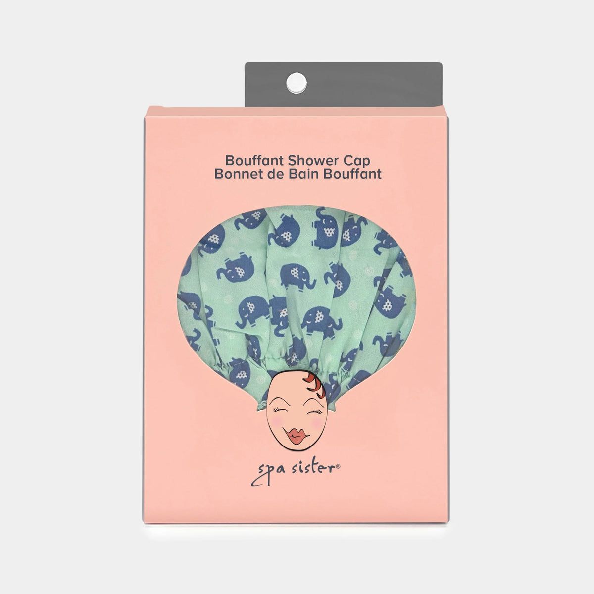 The BATH ACCESSORIES COMPANY offers the BOUFFANT SHOWER CAP, featuring a blue floral and green leaf pattern on a light base. It includes waterproof inner-layers and gathered edges for a puffy, rounded shape.