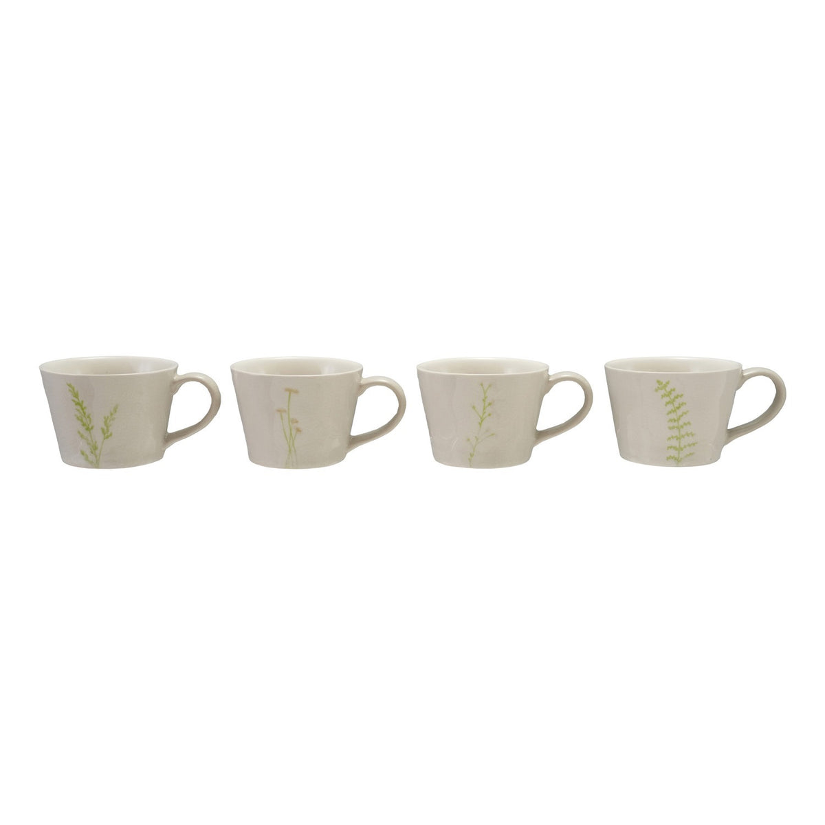 Four DEBOSSED STONEWARE MUGS WITH BOTANICAL PATTERN by CREATIVE COOP, featuring cream color, unique green botanical designs, and a subtle reactive glaze finish, are lined up side by side on a white background.