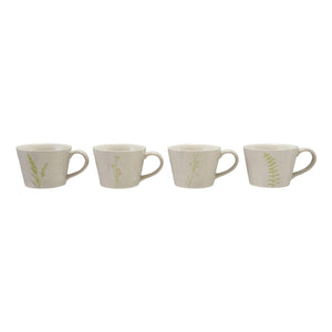 Four DEBOSSED STONEWARE MUGS WITH BOTANICAL PATTERN by CREATIVE COOP, featuring cream color, unique green botanical designs, and a subtle reactive glaze finish, are lined up side by side on a white background.