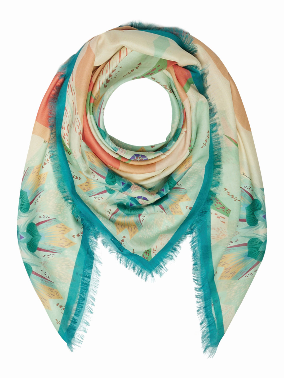 FRANCO FERRARI's Diletto Coral Scarf boasts a cotton-silk blend with a symmetrical floral design in pastel hues of peach, teal, and cream, adorned with wavy shapes and petal forms, elegantly finished with a thin fringe.