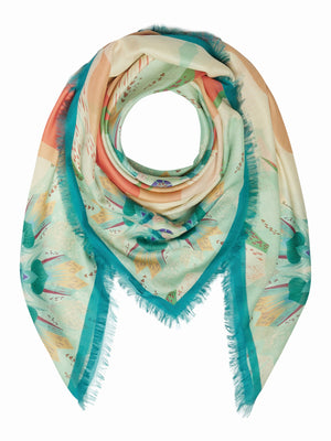 FRANCO FERRARI's Diletto Coral Scarf boasts a cotton-silk blend with a symmetrical floral design in pastel hues of peach, teal, and cream, adorned with wavy shapes and petal forms, elegantly finished with a thin fringe.