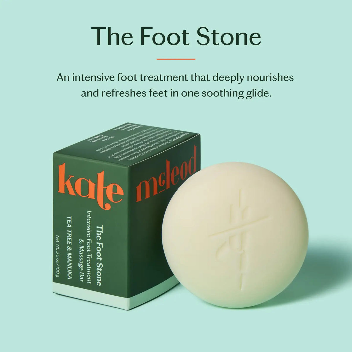 A person uses KATE MCLEOD’s THE FOOT STONE SOLID FOOT MOISTURIZER on their foot, holding the off-white round bar with one hand while the other rests on their ankle. The solid beige background emphasizes care for dry, cracked heels.