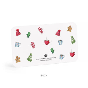A transparent box contains 85 GINGERBREAD LITTLE NOTES, with the top notecard featuring a gingerbread man illustration, including a smiling face and three green buttons. A label on the box reads "E.FRANCES PAPER 85 Little Notes—use unsparingly.