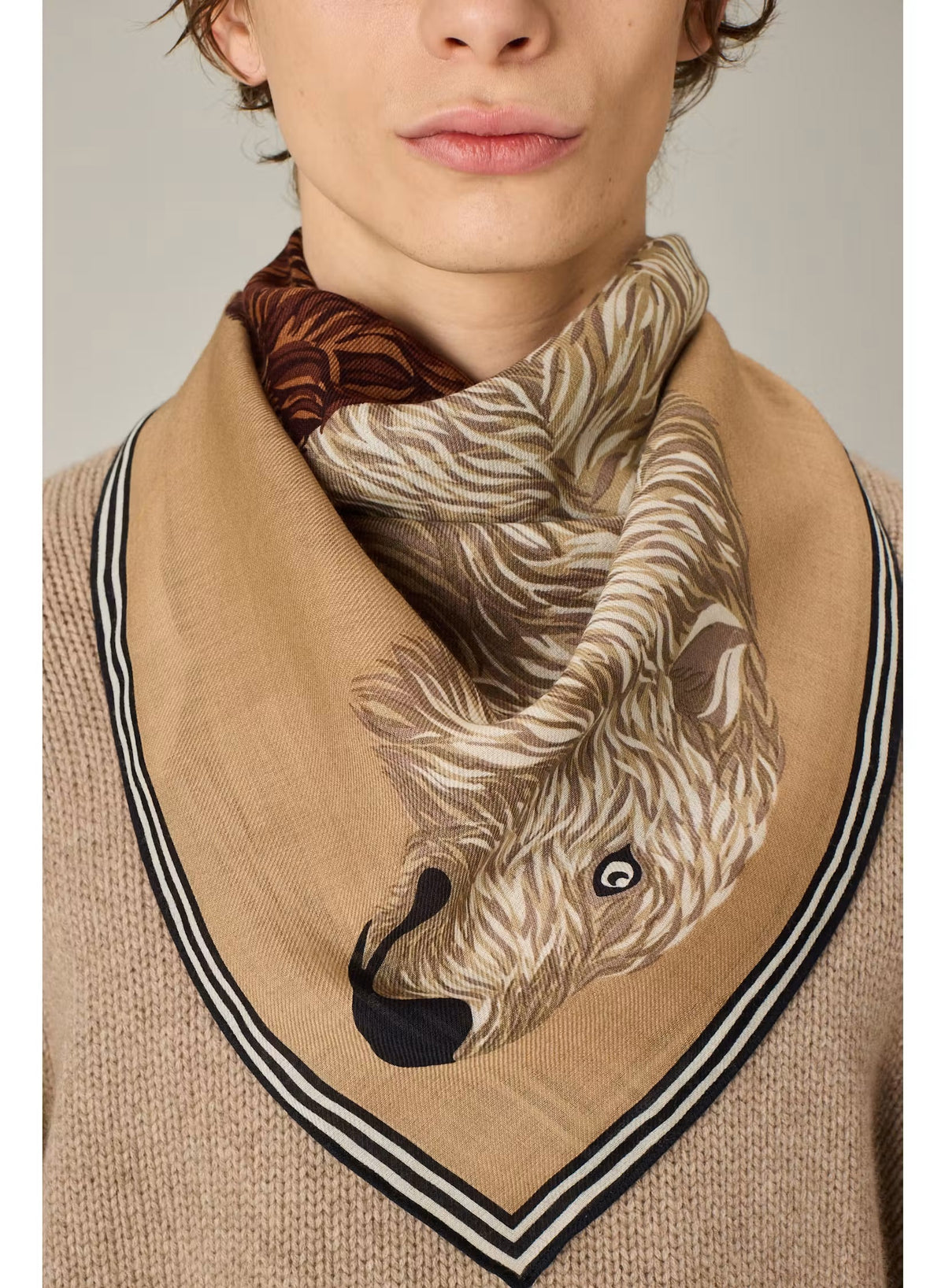 Illustration of a polar bear with white fur standing above and slightly overlapping a brown grizzly bear, both facing to the right, set against a plain beige background inspired by the INOUI EDITIONS OURS WOOL SCARF made from 100% wool in India.