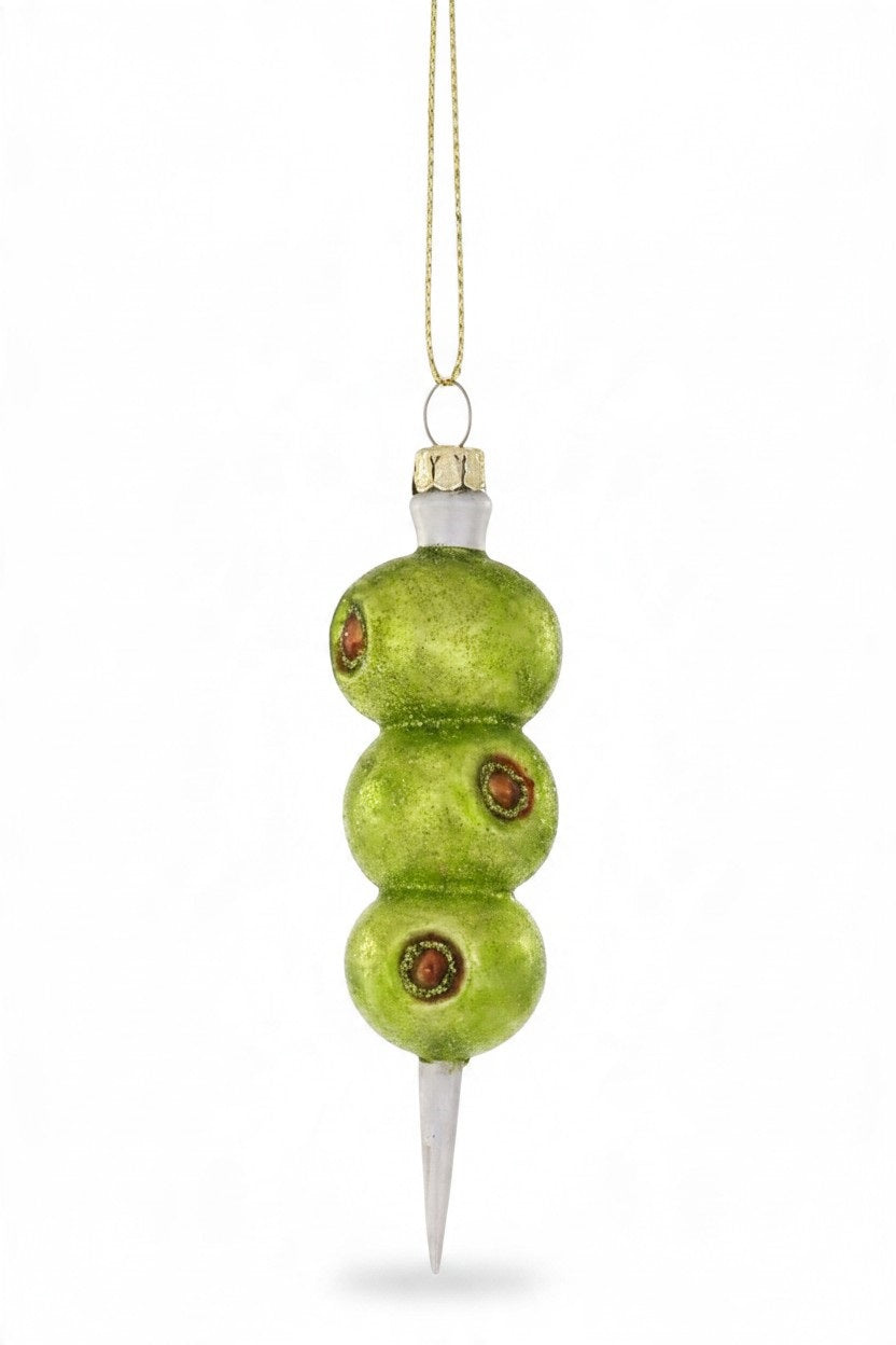 A CODY FOSTER COCKTAIL OLIVES ORNAMENT shaped like a skewer of three green olives.