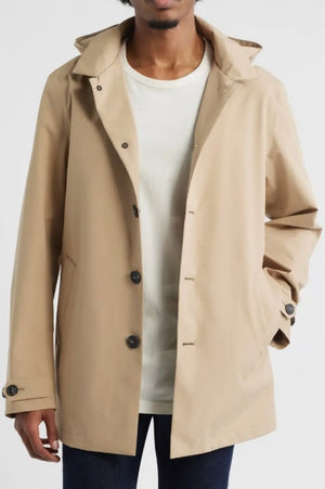 The SAVE THE DUCK BENJAMIN Hooded Raincoat in Stardust Beige for men features black front buttons, slanted side pockets, and adjustable sleeves, displayed flat on a white background.