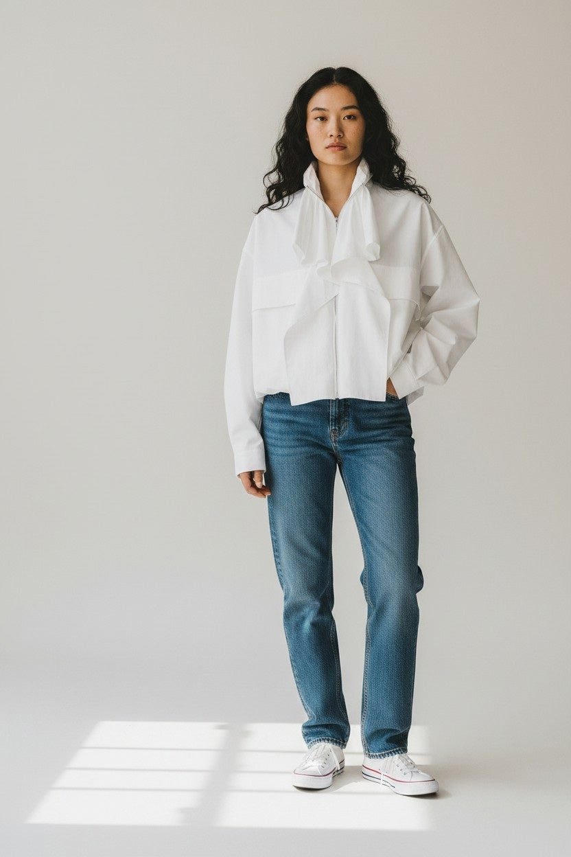 A person with long, wavy hair wears the NUDE - LIGHTWEIGHT BOMBER JACKET by NUDE, paired with blue jeans and white sneakers, standing against a plain light background.