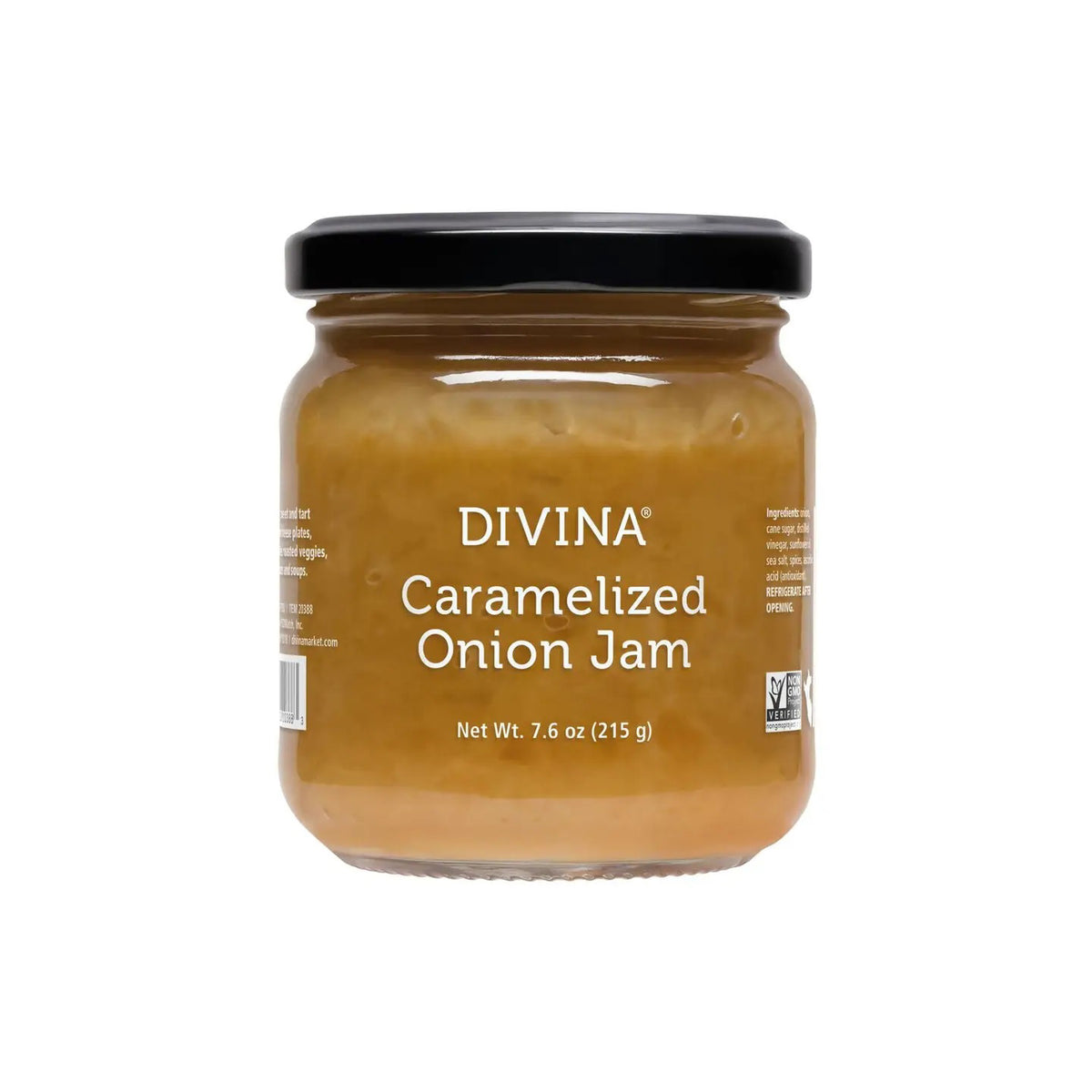A 7.6 oz (215 g) jar of DIVINA Caramelized Onion Jam with a black lid, ideal for enhancing grilled cheese or roasted meats. The label shows the product name and is set against a white background.