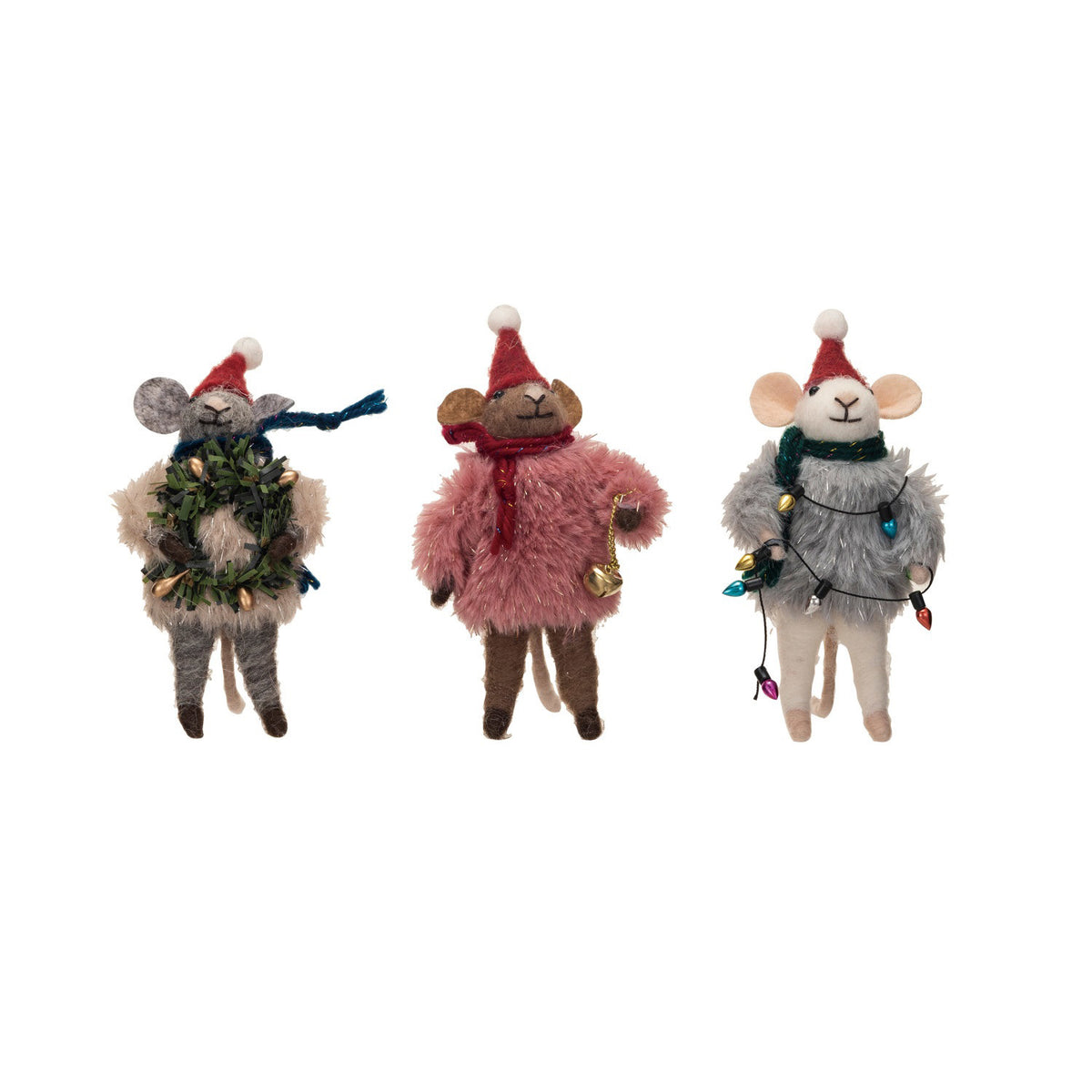 Three CREATIVE COOP handmade felt mouse ornaments, including one in a faux fur sweater, wear Santa hats and stylish accents, with festive accessories and charming poses. Product: HANDMADE FELT MOUSE WITH FAUX FUR SWEATER.