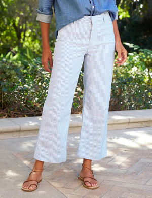 The FRANK & EILEEN - Wexford wide-leg pant features a blue and white stripe made from Italian Performance Linen, complete with belt loops and a front button closure, set against a plain white backdrop.