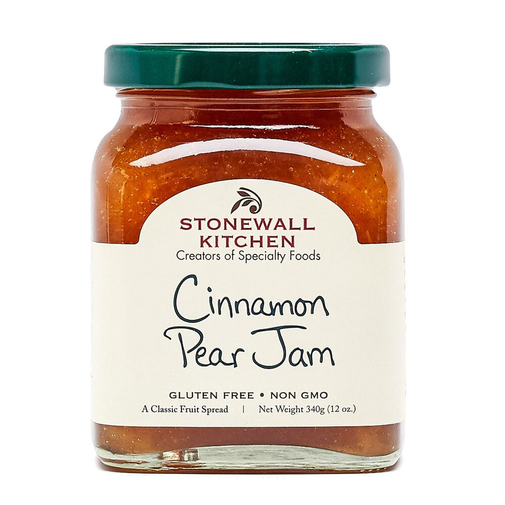 A jar labeled &quot;Stonewall Kitchen - Cinnamon Pear Jam&quot; features a dark green lid and a reddish-brown jam inside. The label highlights its gluten-free and non-GMO credentials, with a net weight of 340g (12 oz). Enjoy the homemade texture and rich cinnamon spice in every spoonful.