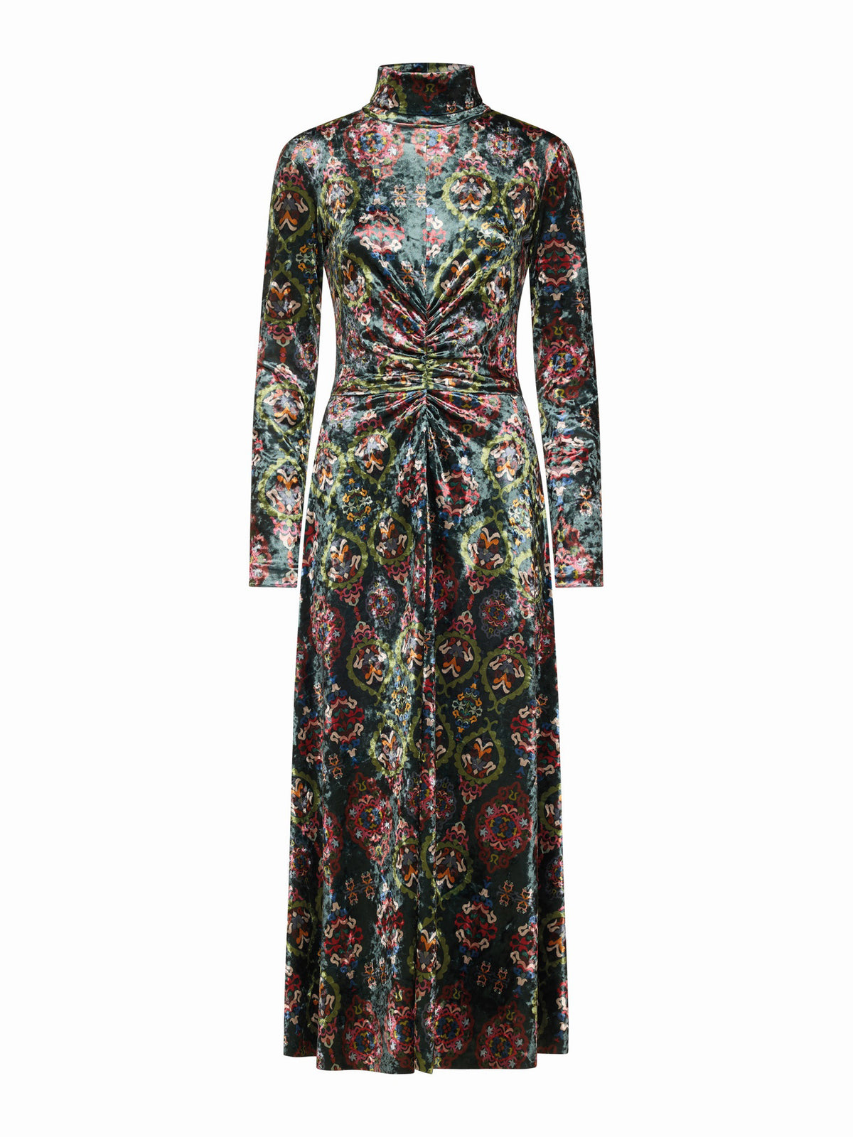 The FRANCO FERRARI RANAT Velvet Midi Dress features long sleeves, a high neck, a gathered front, and an intricate red, green, and blue floral pattern on a dark background.