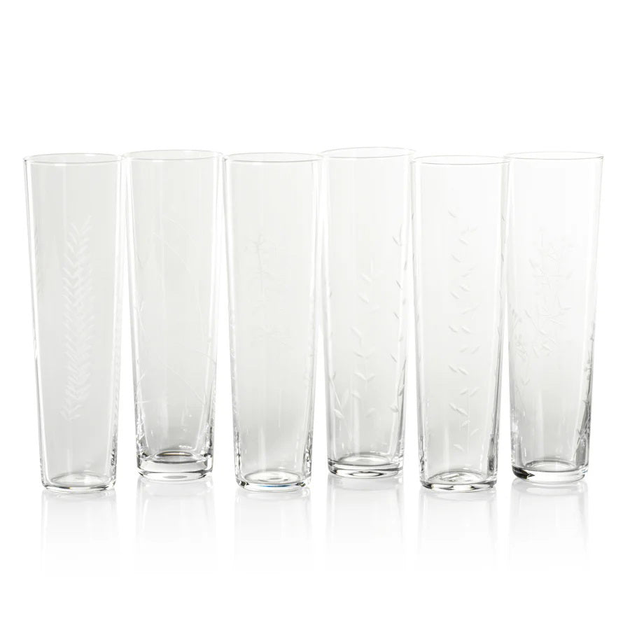 A set of six FLORA ETCHED CHAMPAGNE FLUTES from ZODAX, tall and slender with delicate etched floral and leaf designs in assorted patterns. Each flute has varying capacities and dimensions, arranged in a row on a white reflective surface.