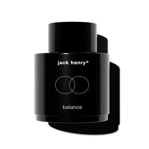 A black 50ml bottle of JACK HENRY - BALANCE EAU DE PARFUM, branded with minimalist white text and two interlocking circles, is shown against a white background with a shadow to the right.