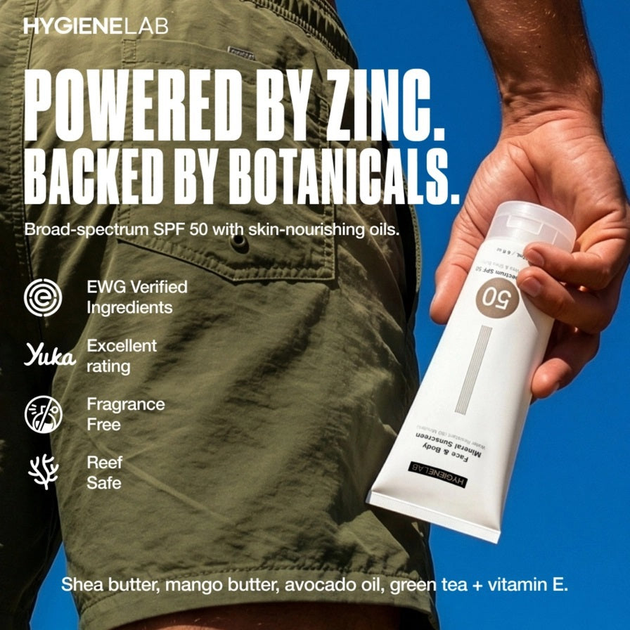 HYGIENELAB - FACE &amp; BODY MINERAL SUNSCREEN, in a white tube, offers broad-spectrum SPF 50 sun protection with 80 minutes of water resistance. Enhanced with soothing aloe vera and nourishing shea butter, this zinc oxide sunscreen comes in a generous 177 mL (6 fl oz) size.