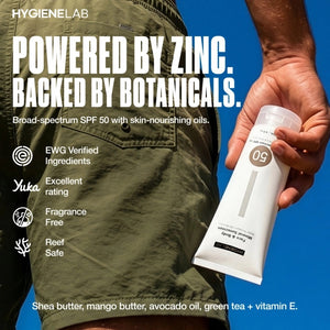 HYGIENELAB - FACE & BODY MINERAL SUNSCREEN, in a white tube, offers broad-spectrum SPF 50 sun protection with 80 minutes of water resistance. Enhanced with soothing aloe vera and nourishing shea butter, this zinc oxide sunscreen comes in a generous 177 mL (6 fl oz) size.
