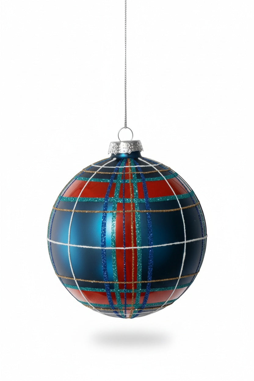 ZODAX GLASS PLAID ORNAMENT BALL, a round 4.75-inch glass Christmas ornament with a red and blue plaid pattern accented by glittery stripes.