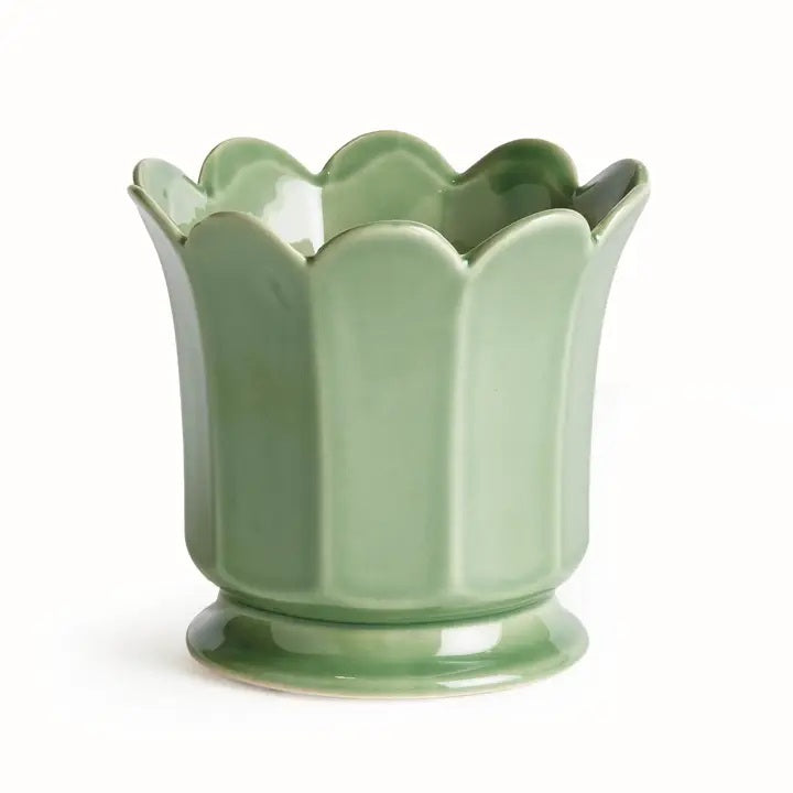 The NAPA HOME AND GARDEN - Maline Footed Pot in Green (Small) is a light green ceramic pot featuring scalloped edges and vertical panels, perched on a small round base, set against a plain white background.