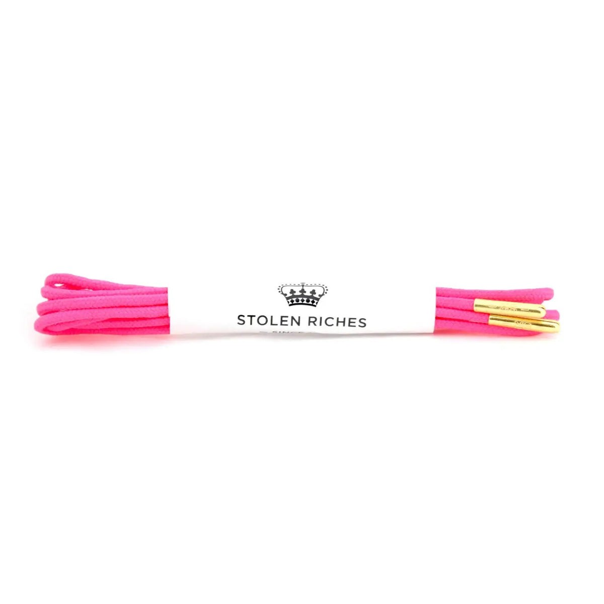 STOLEN RICHES - DRESS SHOELACES IN POONA PINK: Bright pink premium laces with gold aglets, neatly folded and wrapped in a white band labeled "STOLEN RICHES" with a crown logo.