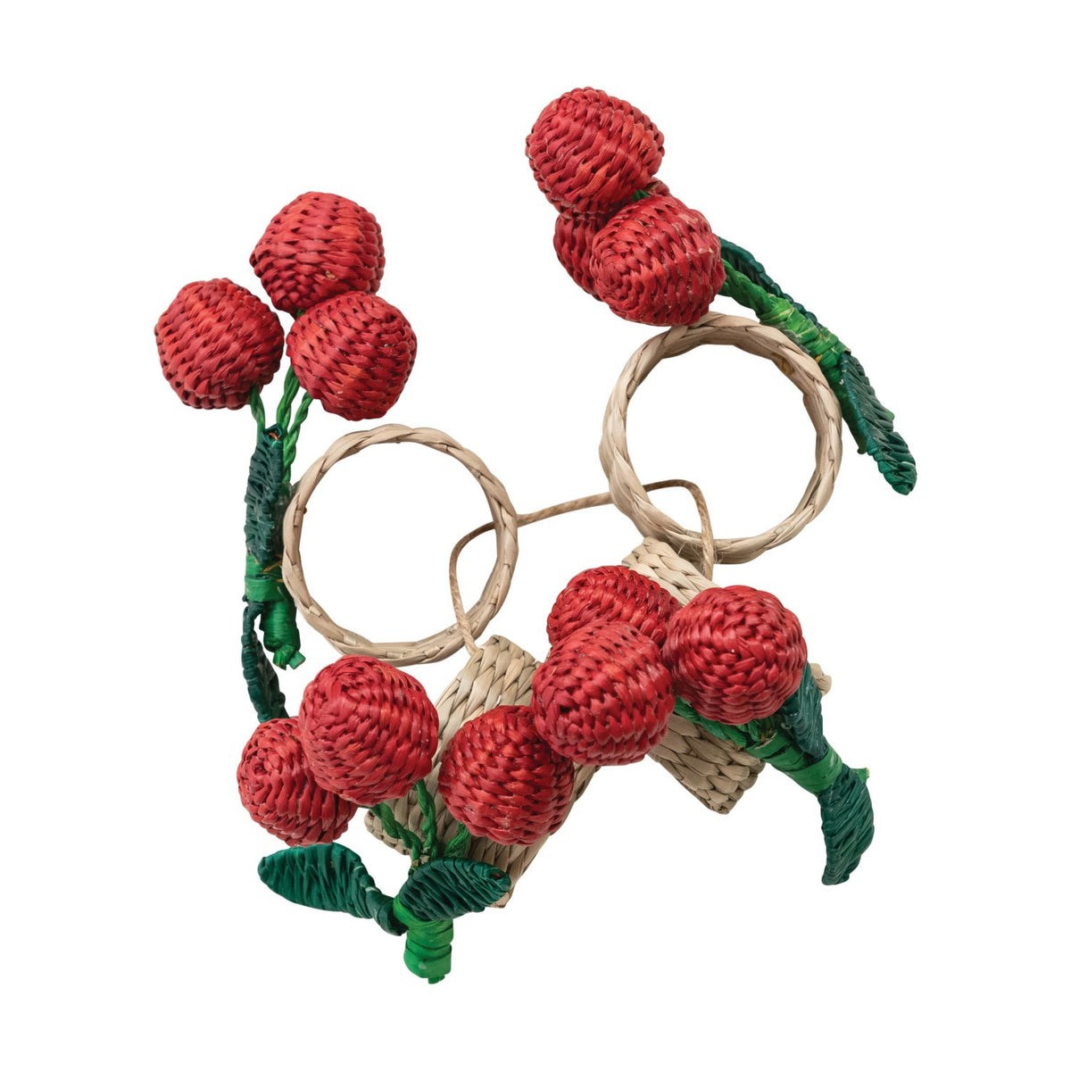 The CREATIVE COOP HAND-WOVEN SEAGRASS CHERRY NAPKIN RINGS, SET OF 4, feature clusters of red cherries and green leaves—ideal as handcrafted table decor and arranged beautifully on any setting.