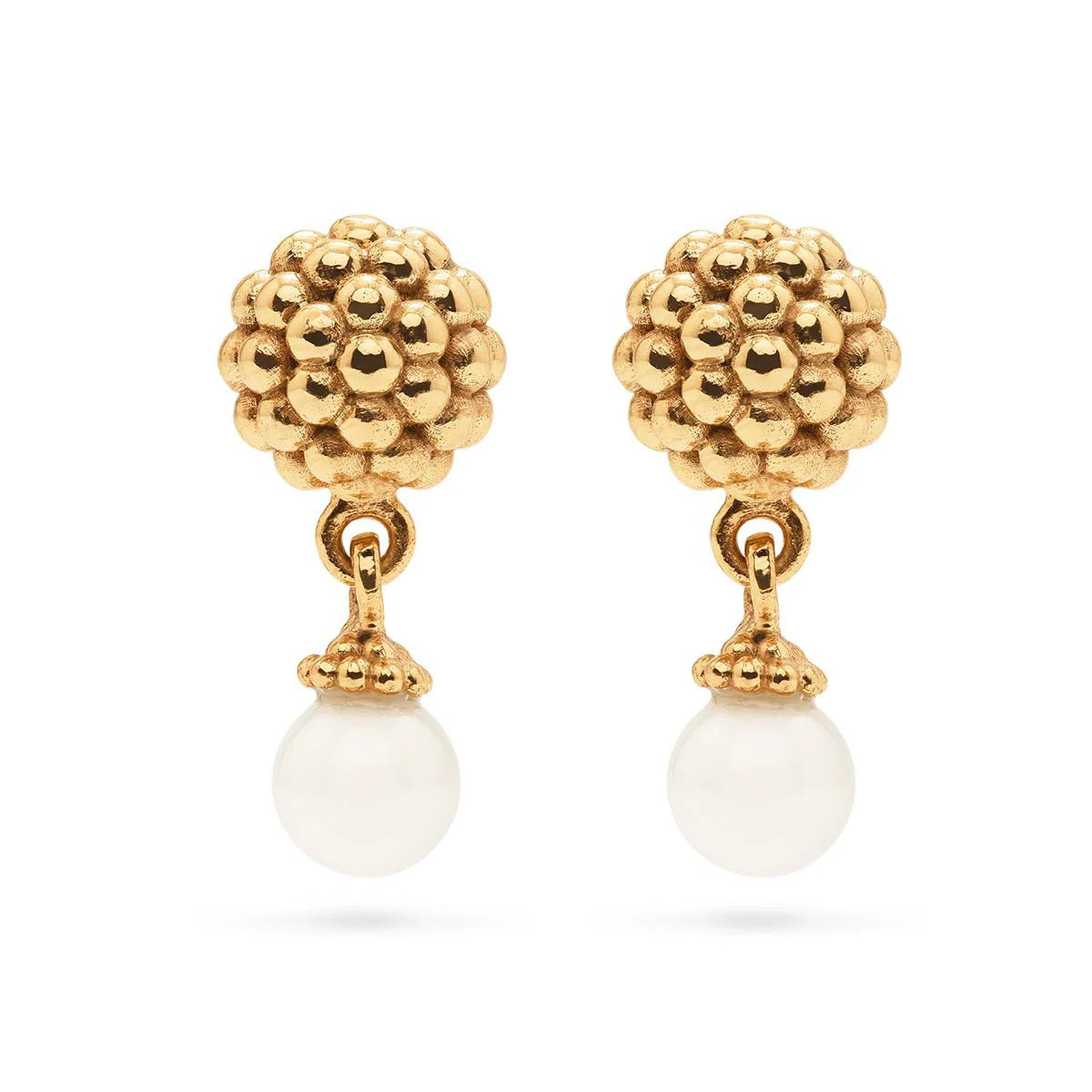 The CAPUCINE DE WULF - BERRY DOUBLE DROP EARRINGS by CAPUCINE DE WULF are an elegant pair of gold stud earrings adorned with a cluster of gilded berries at the top. Each earring features a single white pearl dangling below the beaded cluster. Crafted from 18K gold, these Pearl Drop earrings have a polished, luxurious finish.