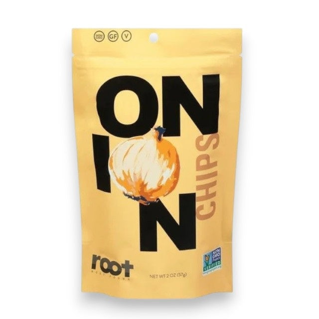 Nutrition label for ROOT FOODS - ONION CHIPS by ROOT FOODS, a tasty gluten-free snack option, featuring an image of three onion slices and one chip, plus the text: “Eat Plants! Approx. 3 fresh onions = 1 bag of onion chips. Ingredients: Onion, Avocado Oil, Sea Salt, Tapioca Starch.”.
