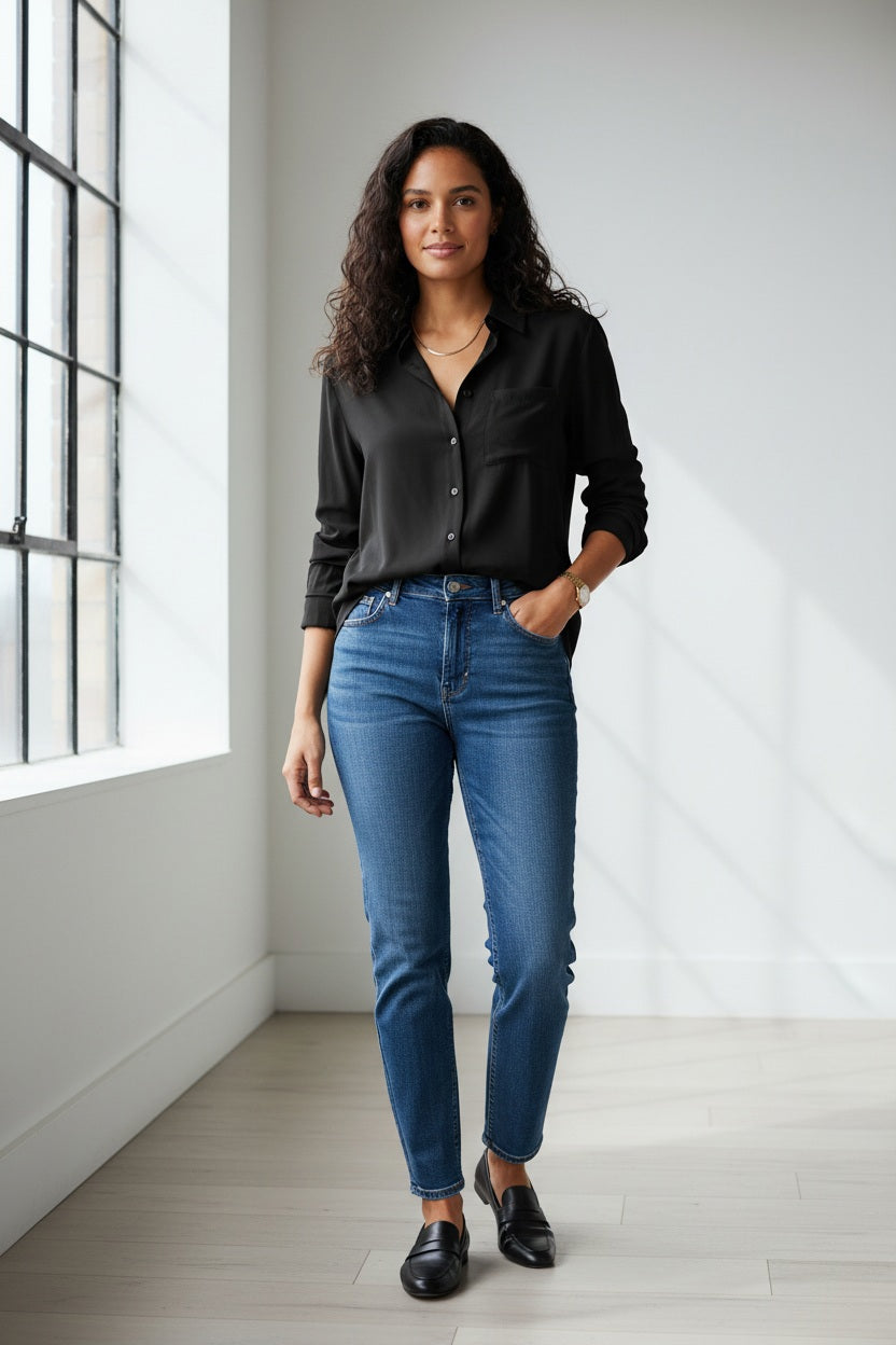 The ELEH - THE ESSENTIAL BLACK SHIRT, featuring long sleeves, a pointed collar, and chest pocket, hangs against a white background—ideal for those who value minimalist luxury.