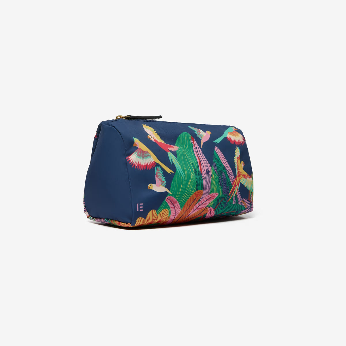 INOUI&#39;s vibrant RIO Nylon Case features a parrot and tropical plant illustration on dark blue. Ideal for travel, it includes a secure top zipper closure.
