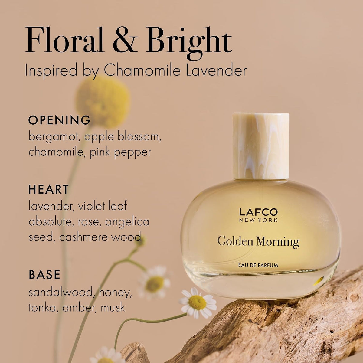 A transparent perfume bottle labeled “LAFCO - FINE FRAGRANCE, GOLDEN MORNING 50ML” by LAFCO features a round, marble-textured cream cap and is displayed against a plain white background. This floral scent is crafted as a vegan and cruelty-free fine fragrance, designed to deliver a sophisticated and conscious olfactory experience.