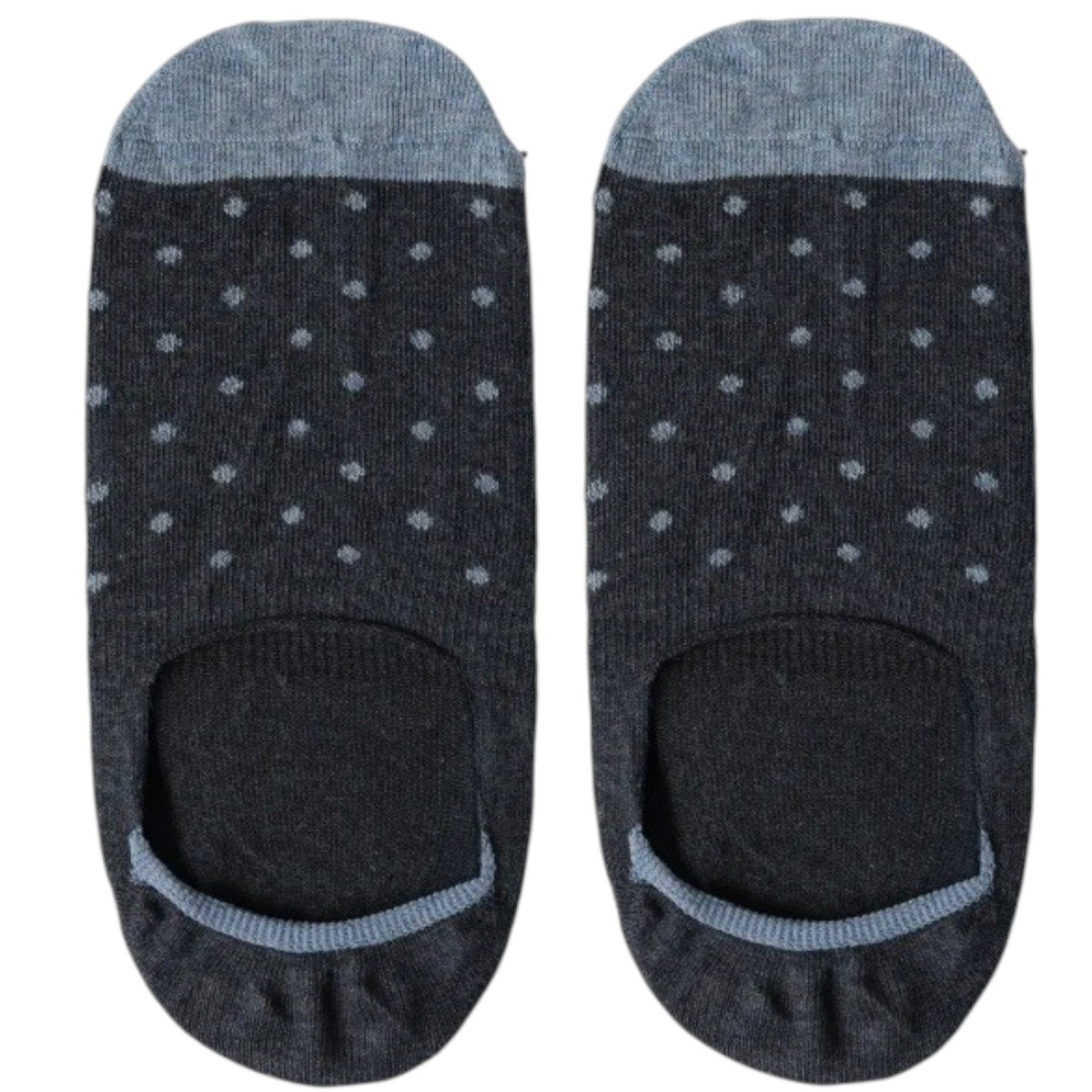A pair of navy melange invisible socks with lighter gray toes and small polka dots. Expertly crafted in Italy from a premium combed cotton blend, these men’s accessories by AMANDA CHRISTENSEN feature the text “AMANDA CHRISTENSEN” and “SINCE 1885” printed on each.