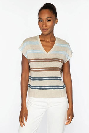 The KINROSS CASHMERE Cap Sleeve Vee Neck Linen Sweater by KINROSS features a light blue linen knit, V-neck pullover style, and ribbed hem, shown against a plain white background.