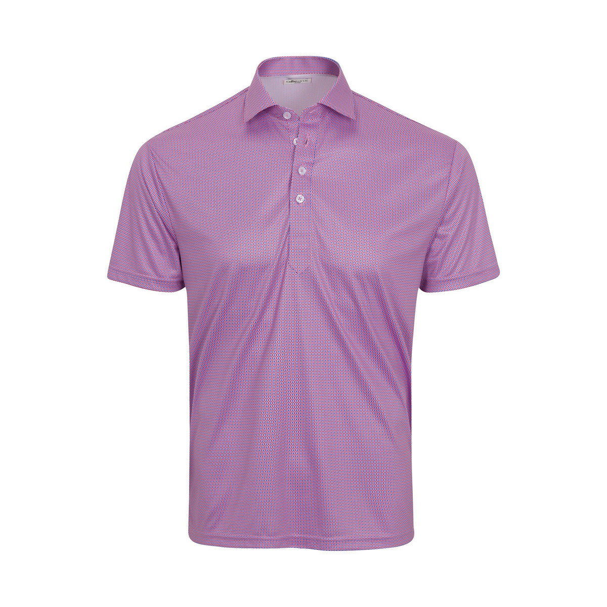 The COLLARS AND CO SEMI SPREAD COLLAR POLO IN CRIMSON COMPASS features a geometric pattern of blue circles and red crosses on white fabric, offering comfort and 4-way stretch for a vibrant, textured look.