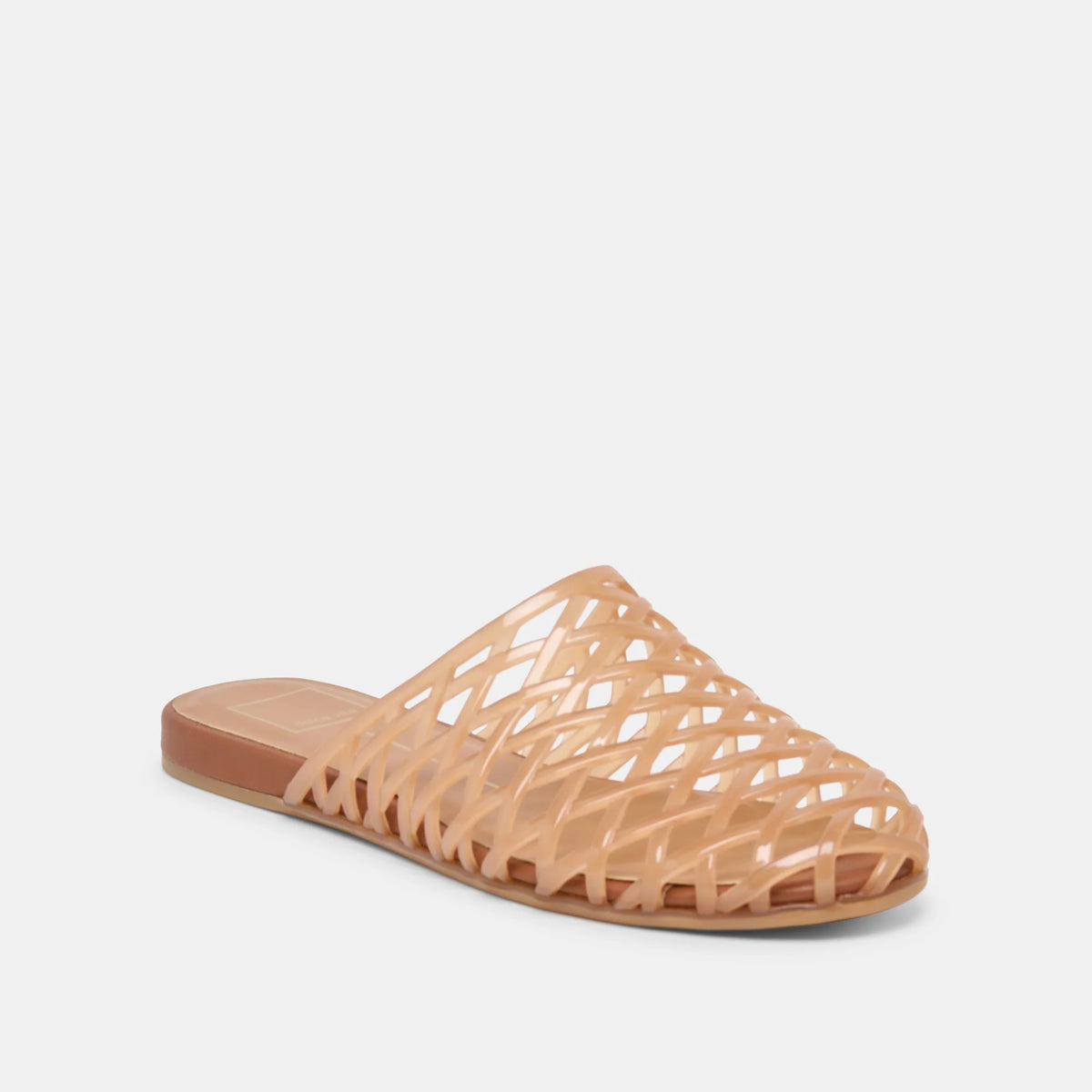 DOLCE VITA - GINNA JELLY FLATS IN WHISKEY featuring a tan jelly flat with a woven, crisscross cage design in a versatile slip-on sandal style.