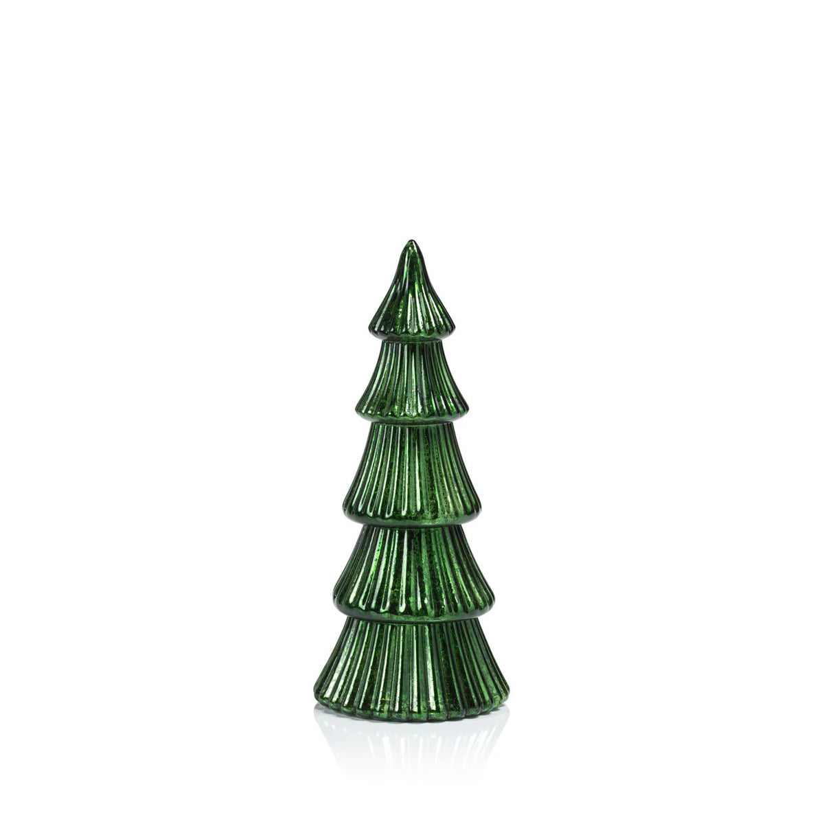 The ZODAX LED RIBBED ANTIQUE TREE - MEDIUM GREEN is a shiny, tiered glass ornament shaped like a stylized Christmas tree, featuring a subtle LED glow, set against a plain white background.
