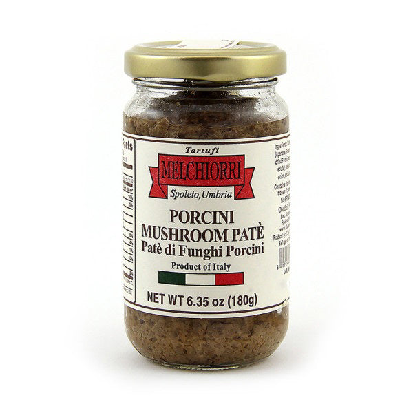 A jar of MELCHIORRI - PORCINI MUSHROOM SAUCE from ATALANTA CORPORATION is shown against a plain background. The label displays text in Italian and English, mentions "Product of Italy," and specifies the net weight as 6.35 oz (180g). The jar features a gold-colored lid.