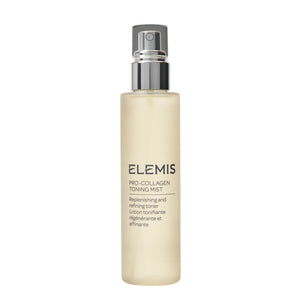 A smiling woman with long gray hair holds a bottle of ELEMIS - PRO-COLLAGEN TONING MIST by ELEMIS - STEINER, a hydrating toning mist formulated to refine the skin. Text on the image reads: “KEY BENEFITS: Preps, Replenishes, Refines.” She is wearing a white tank top and stands against a neutral background.
