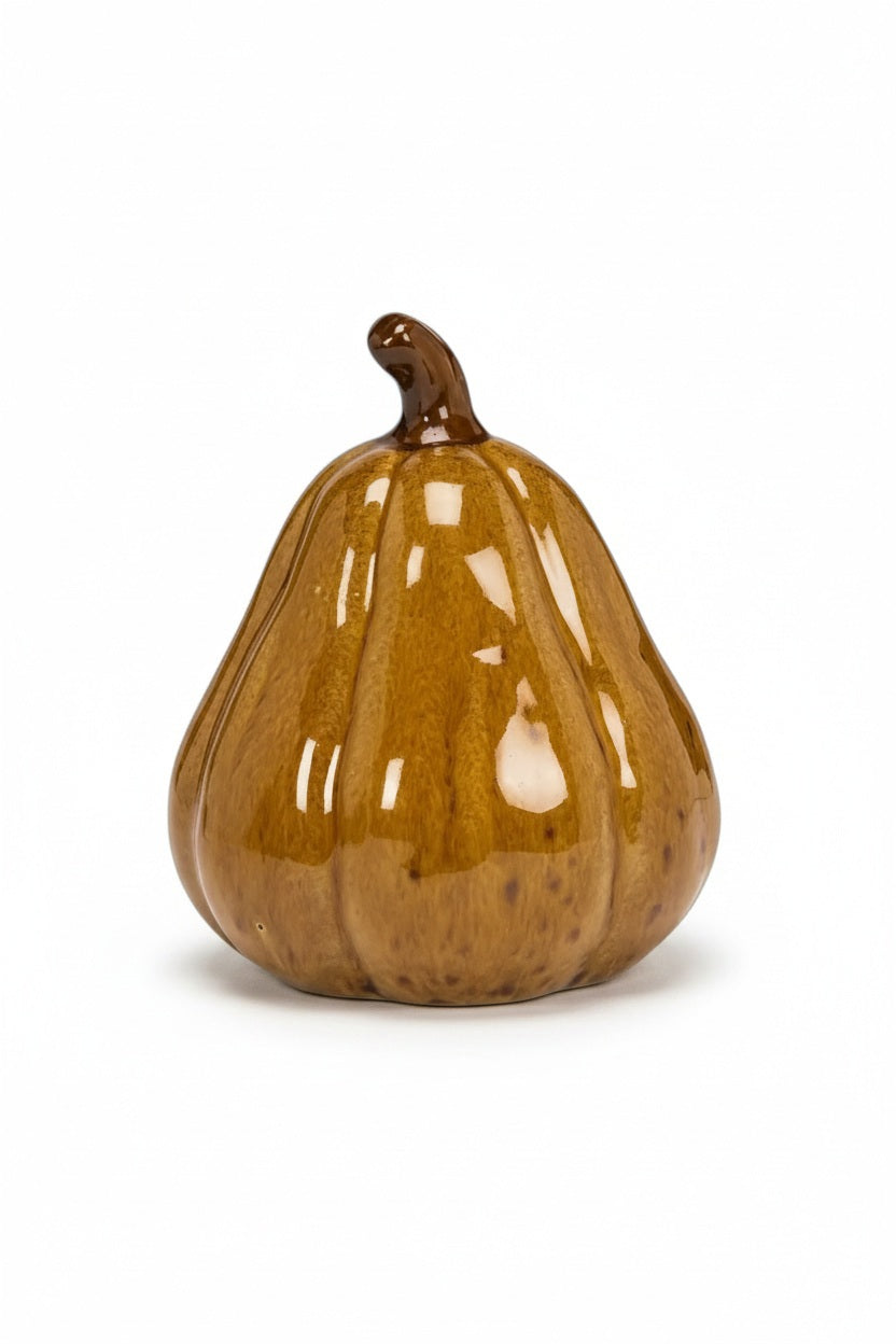 SMALL TALL CERAMIC PUMPKIN in a glossy brown ceramic with a dark brown stem and a dark gold glaze, perfect for autumn decor.