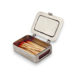 The MATCH Pewter Lidded Match Box by MATCH features a rectangular design with a hinged lid, sticker, and includes several red-tipped wooden matches—all shown on a white background.