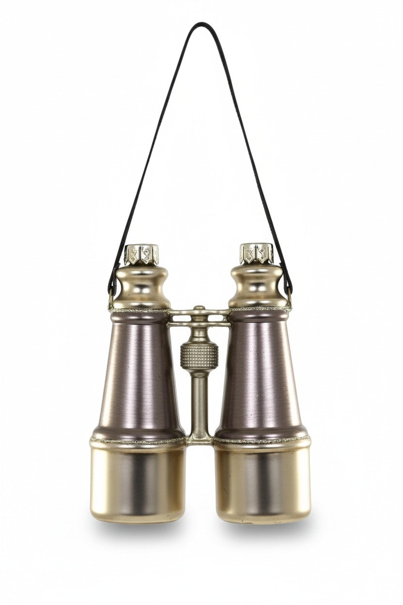 Cody Foster BIRD WATCHING BINOCULARS ORNAMENT shaped like a pair of vintage binoculars, 3.5 inches tall with a thin black hanging cord.